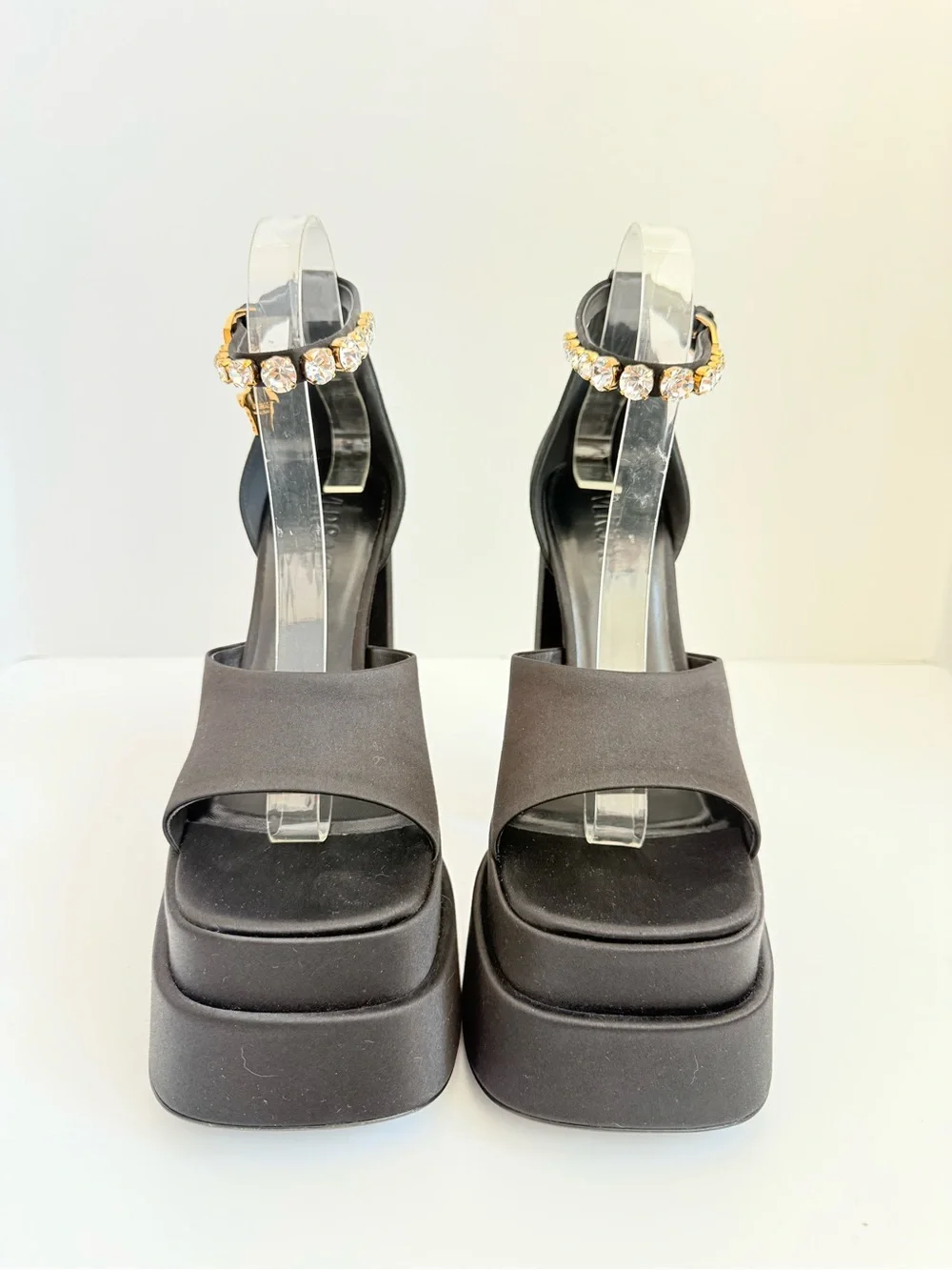 NEW Versace Medusa Crystal Open Toe Platform Sandals Black Satin Block Heels 38
